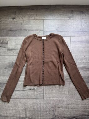 H&M Brown Ribbed Button-Front Long Sleeve Top